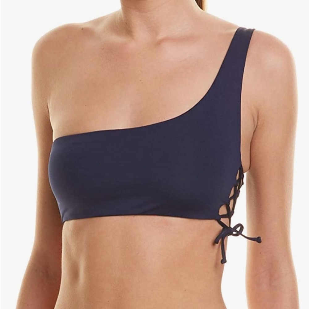 L*space silver Lining midnight blue one shoulder bikini top